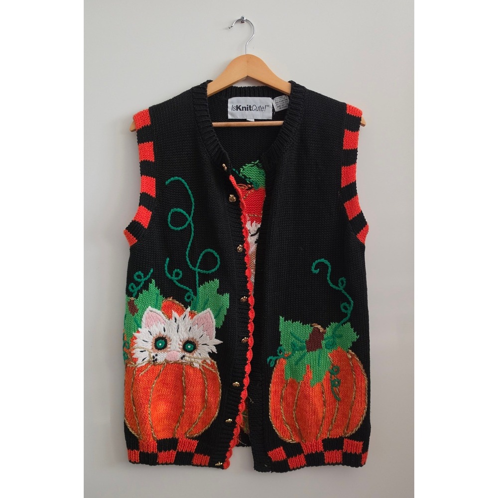 IsKnitCute Halloween Sweater Vest Cat Pumpkin Black Orange Womens Medium Vtg
